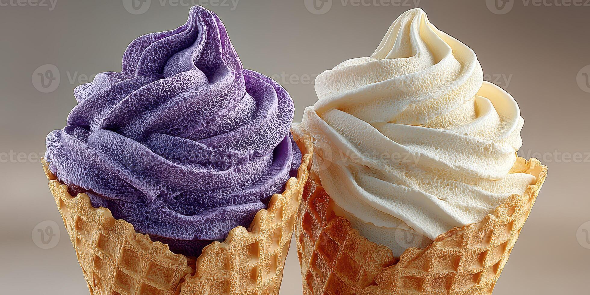 Soft serve ice cream cones in vibrant purple and creamy white colors displayed on a neutral background photo