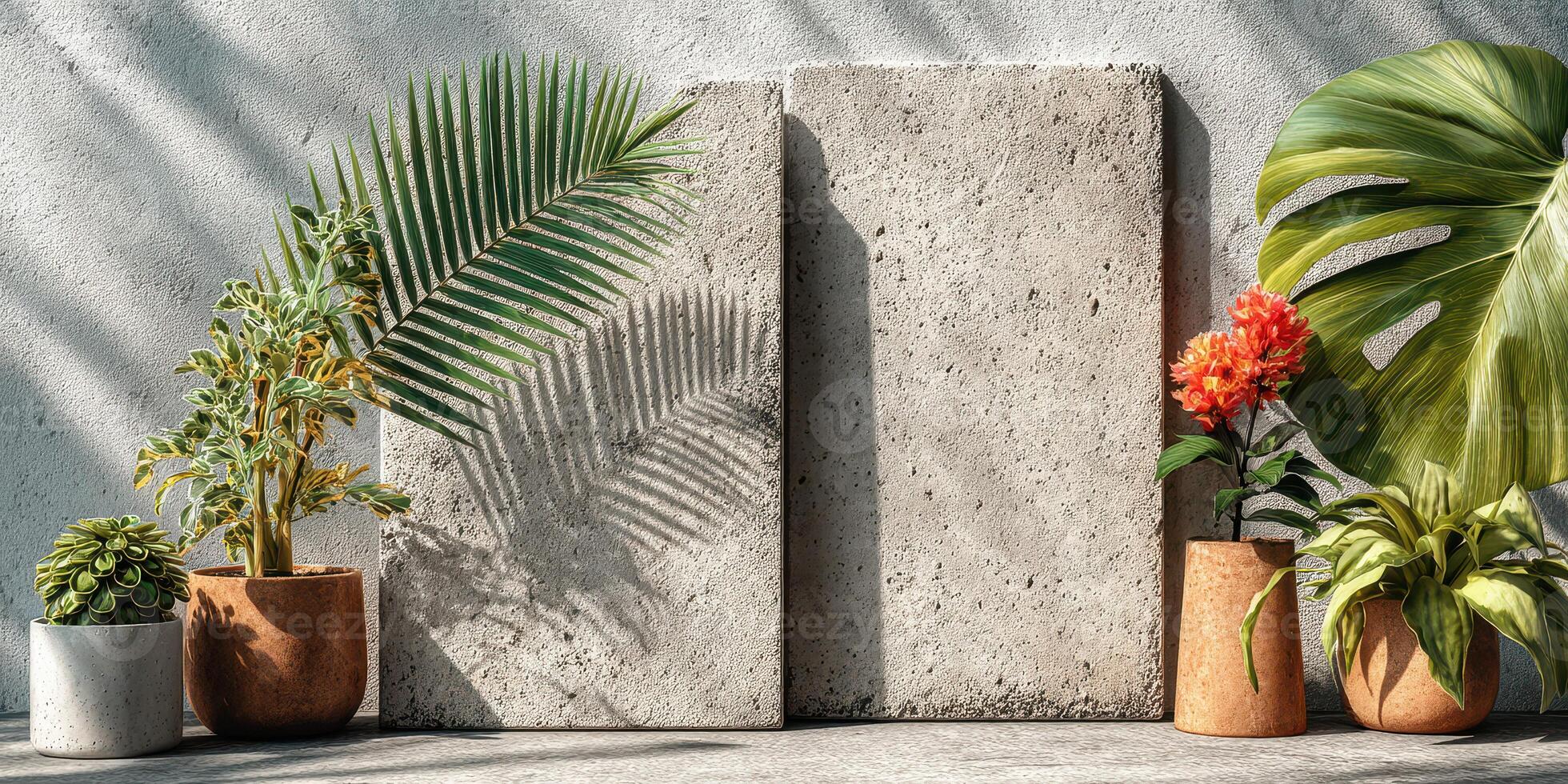 Decorative plant arrangement with concrete panels and natural elements in a serene indoor setting photo