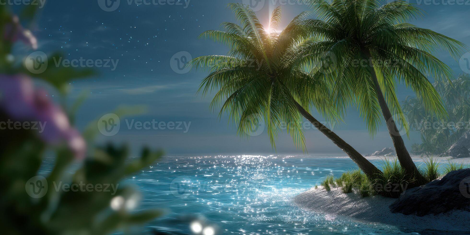 Serene tropical beach at night with palm trees silhouetted against a sparkling ocean photo