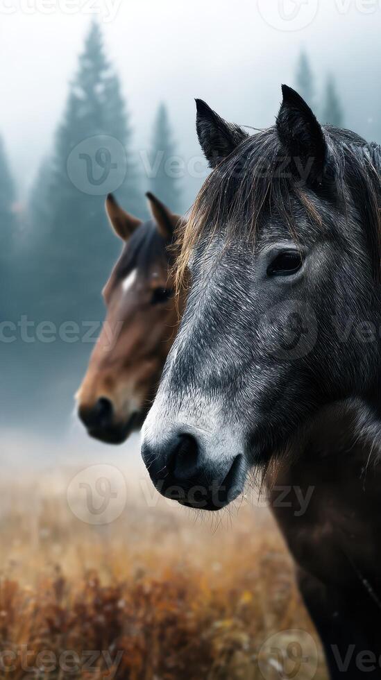 Horses standing in a misty field near a forest during early morning hours photo