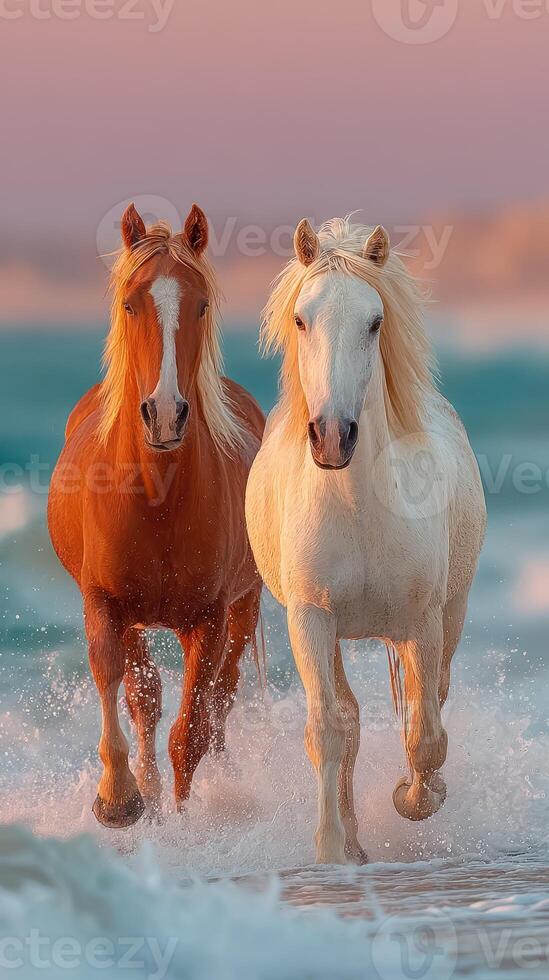 Horses run through shallow ocean water at sunset creating splashes with their hooves photo