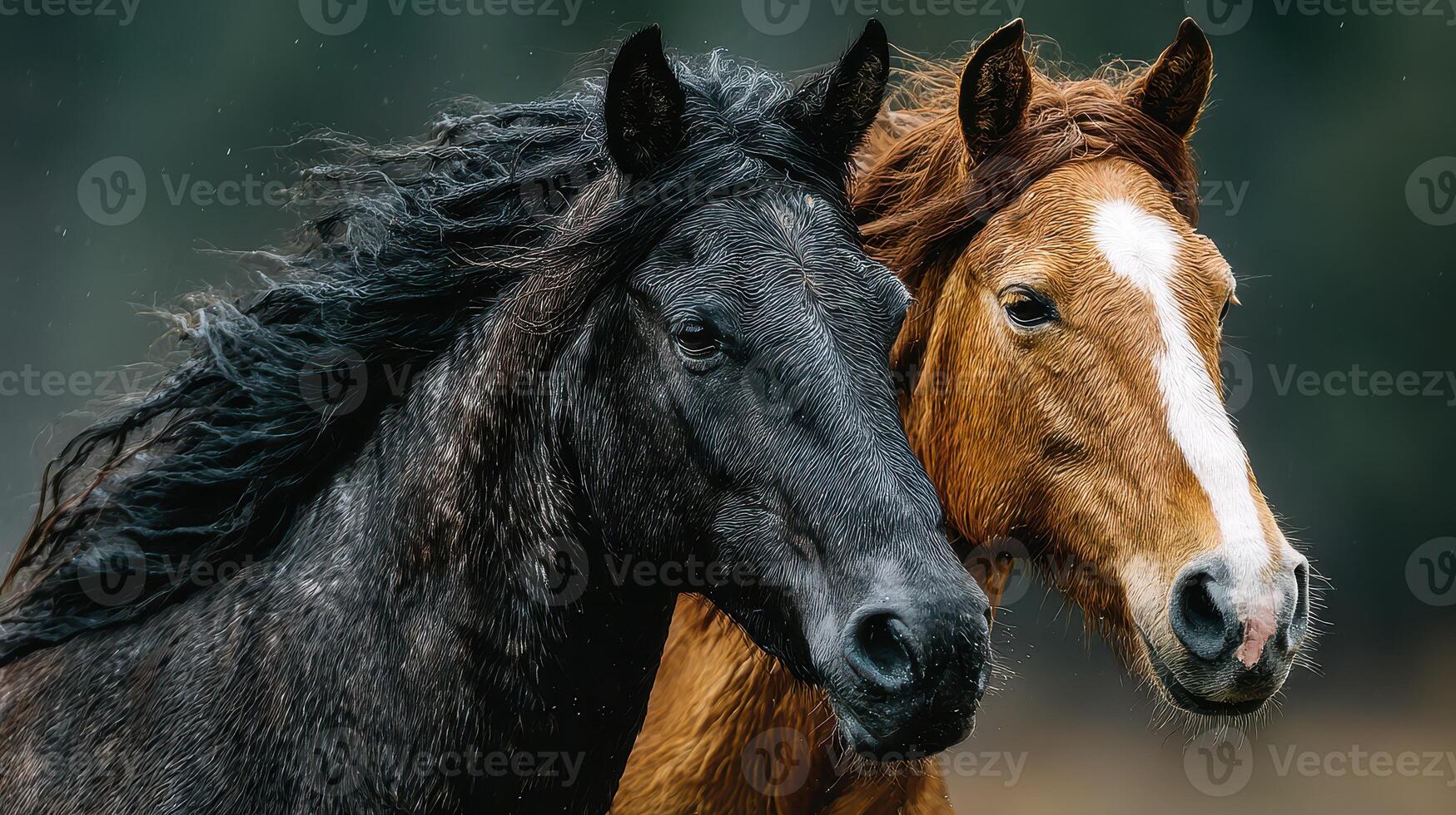 Horses standing close together in a field during a cloudy day in early autumn photo
