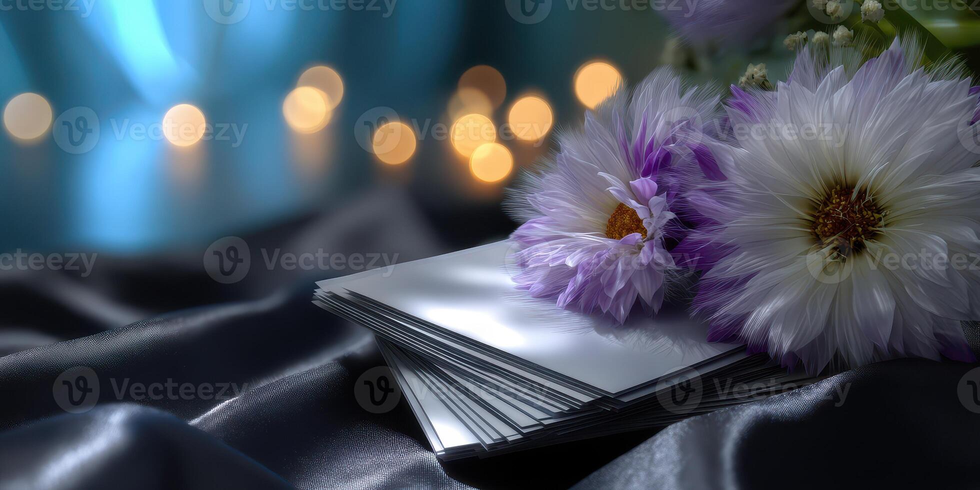 Colorful flowers placed beside blank cards on a silky surface with soft bokeh lights in the background during a cozy evening photo