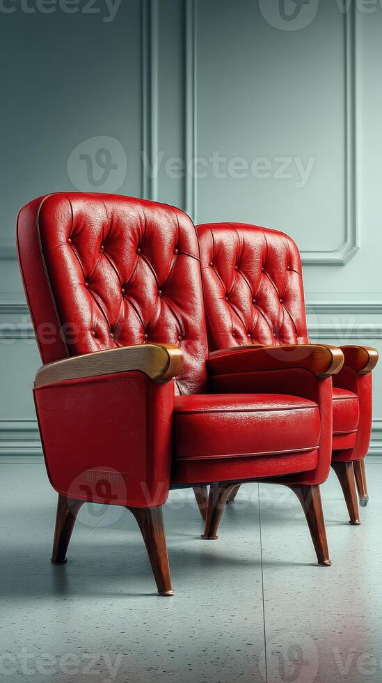 Elegant vintage red armchairs in a minimalistic indoor setting with a light blue wall providing a stylish contrast photo