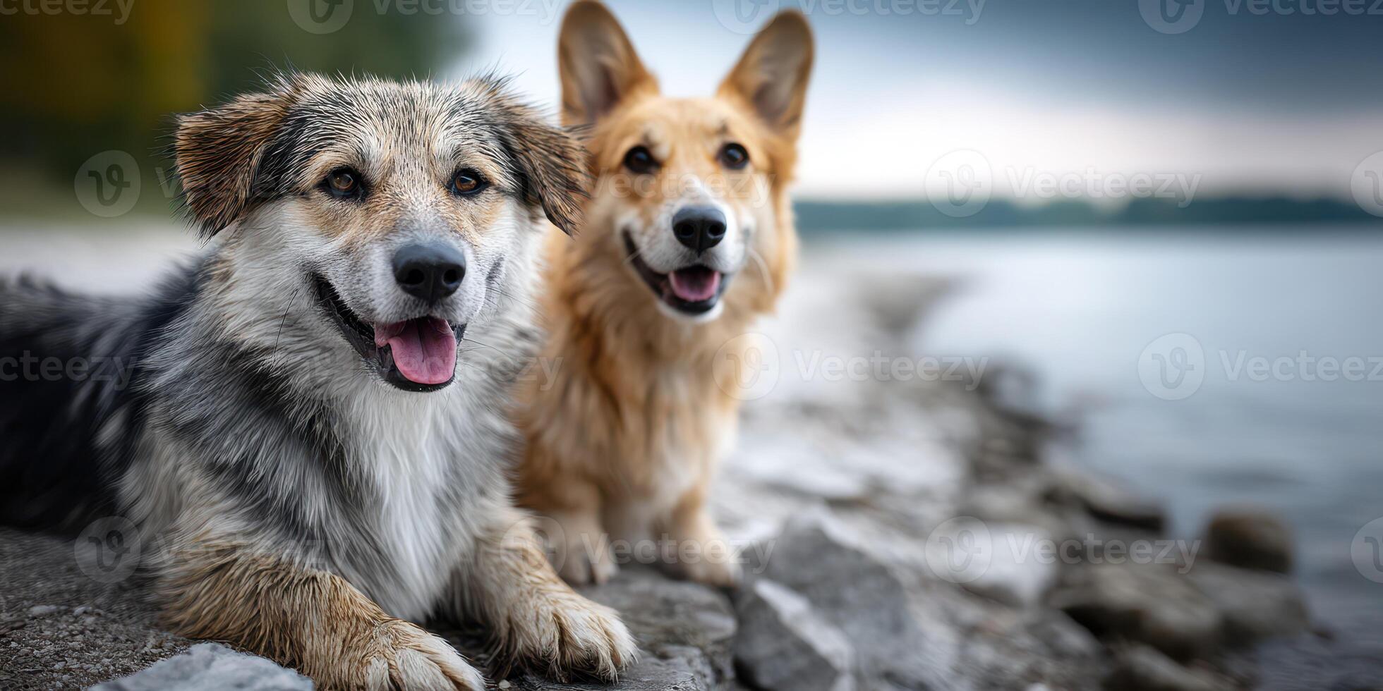 Two happy dogs resting by the water during a calm afternoon near a lakeshore photo