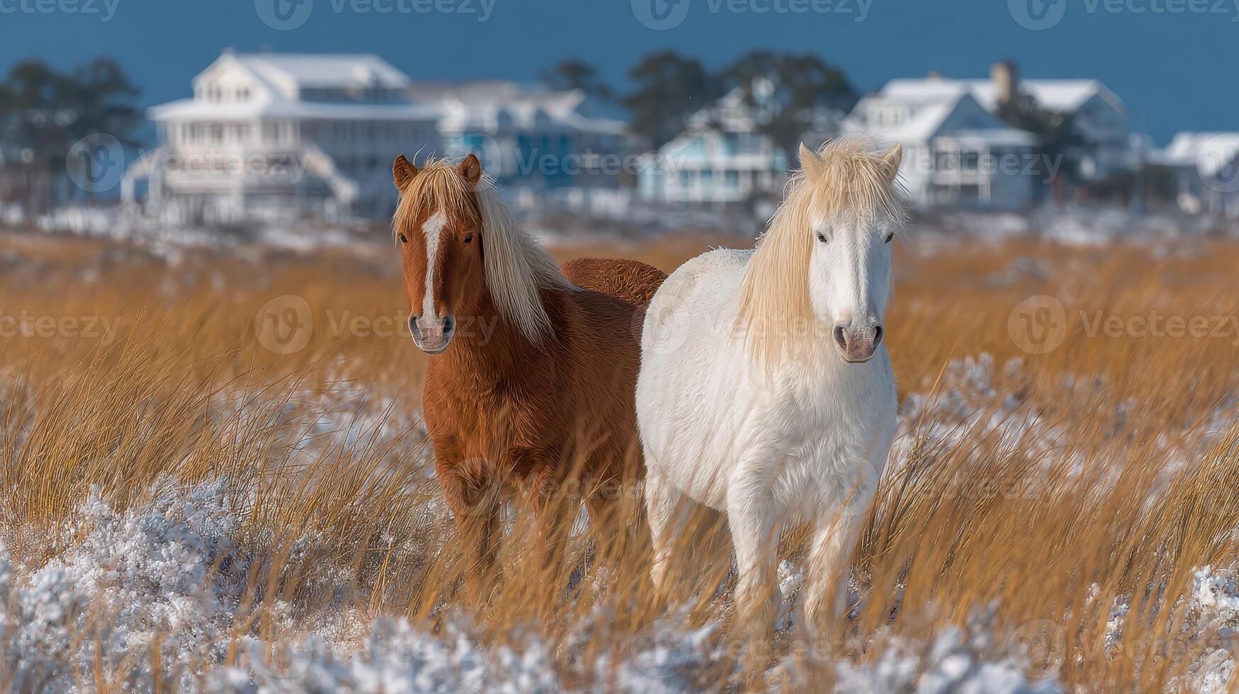 Two beautiful wild horses stand in a field of tall grass near coastal homes during a clear day photo