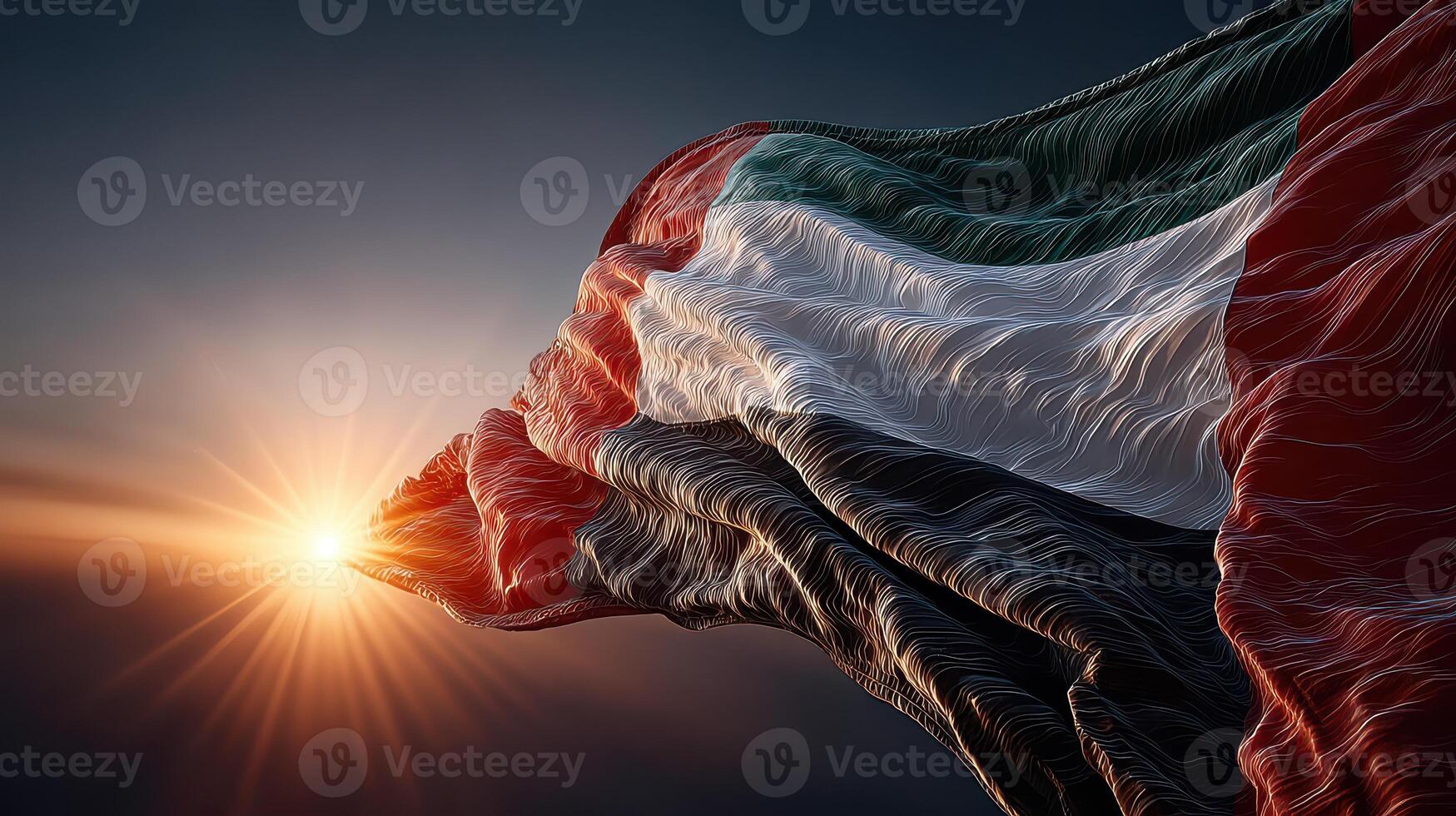 Sudanese flag waving in the wind against a vibrant sunset sky highlighting national pride and unity photo