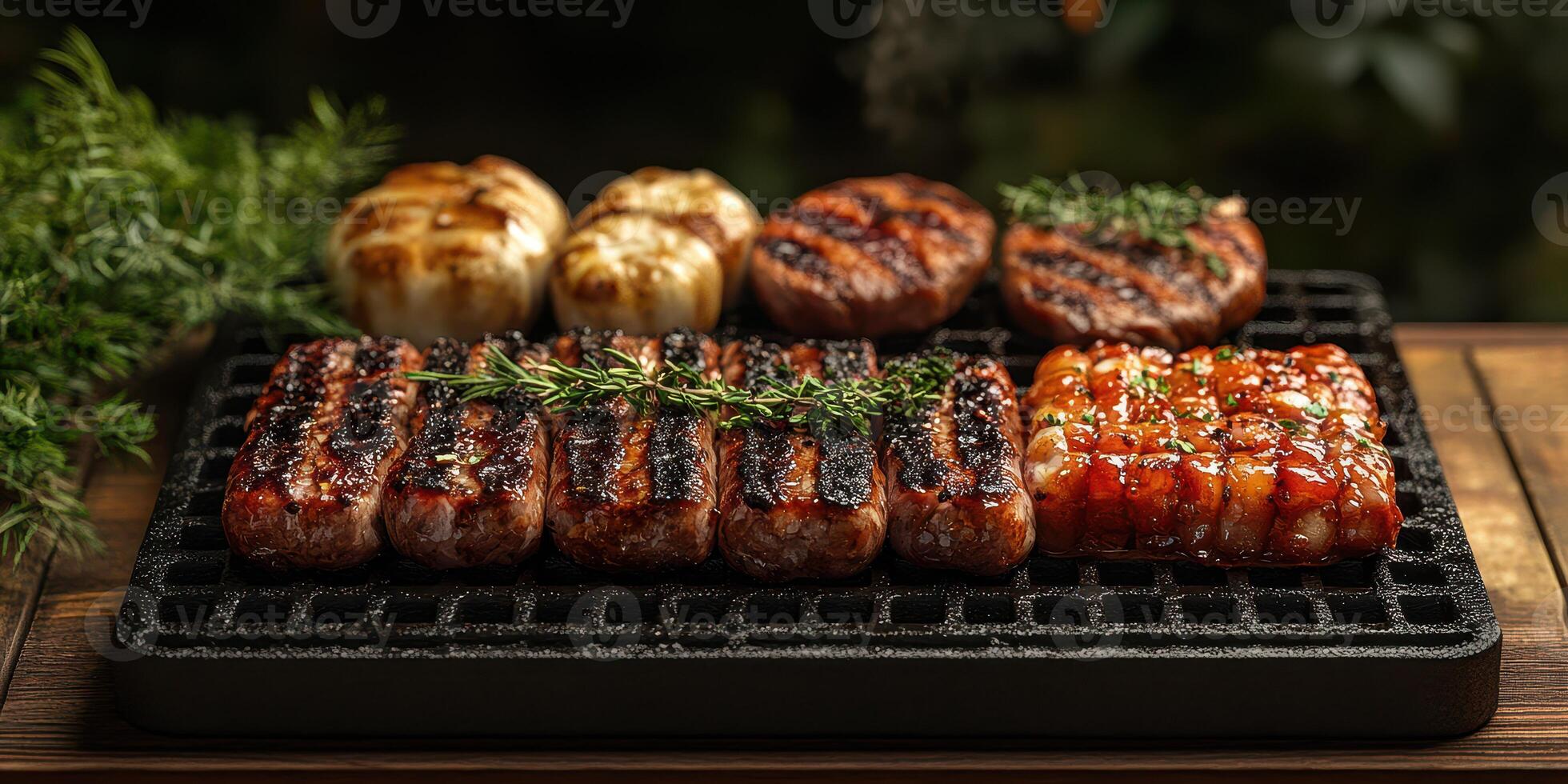 Grilled meats and vegetables served on a barbecue platter during a summer evening gathering photo