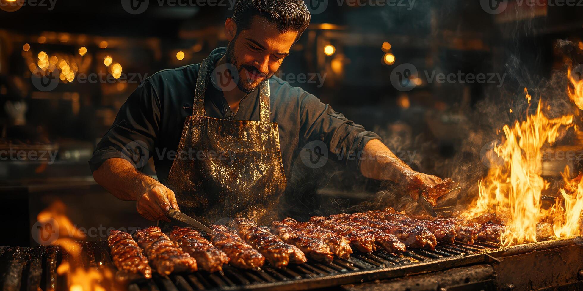 Grilling delicious meat skewers at a bustling night market while flames flicker in the background photo