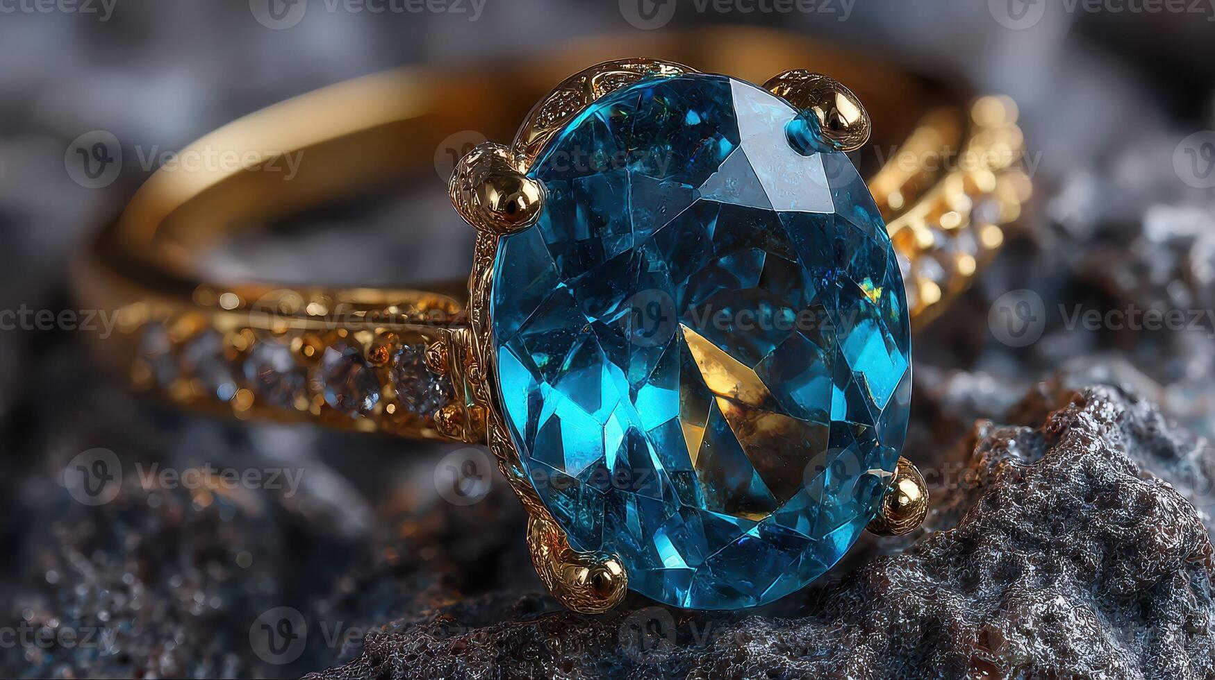 Intricate gold ring featuring a large turquoise stone set against a textured gray background photo