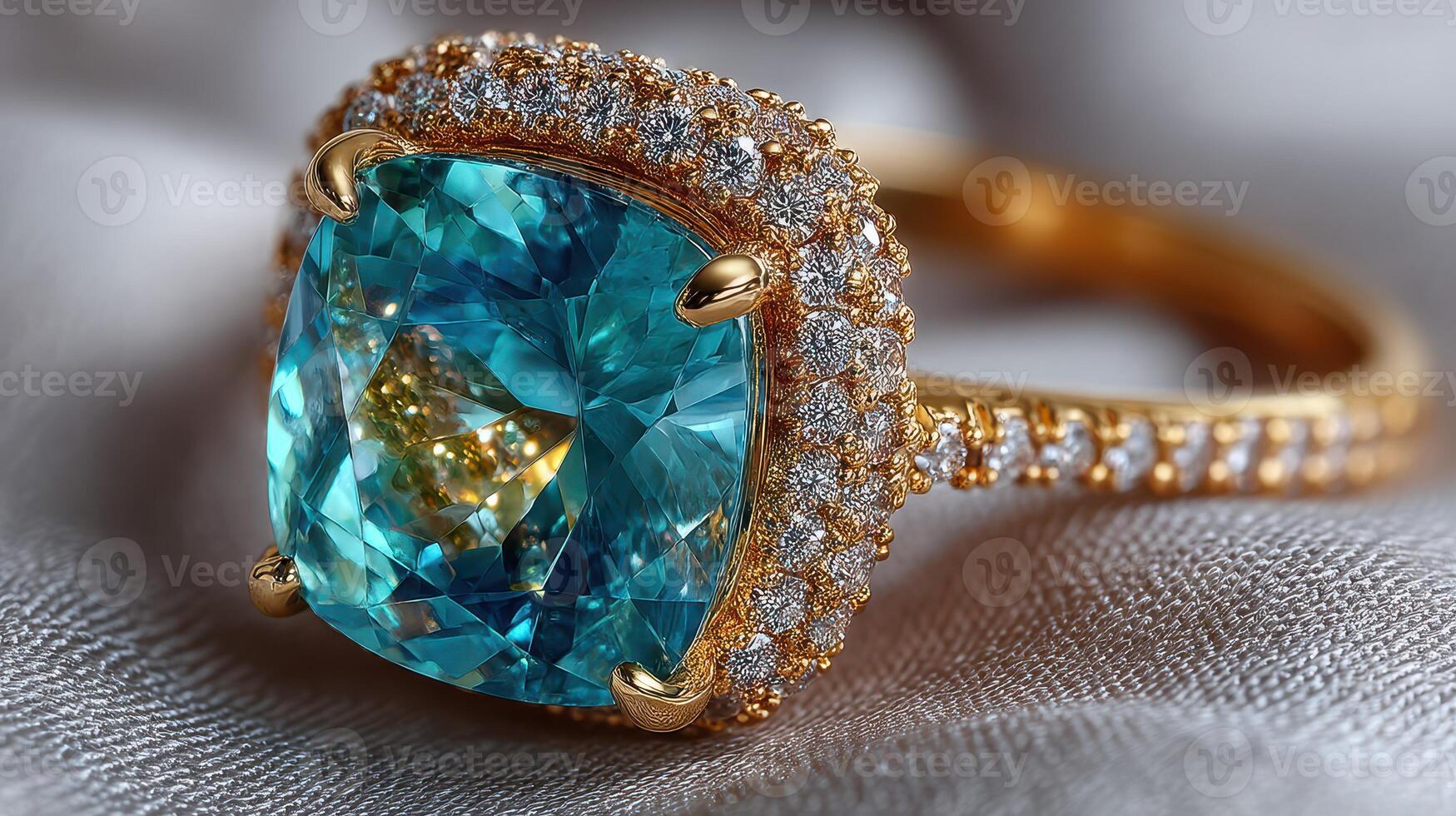 Beautiful gold ring featuring a large turquoise gemstone surrounded by sparkling diamonds displayed on soft fabric photo