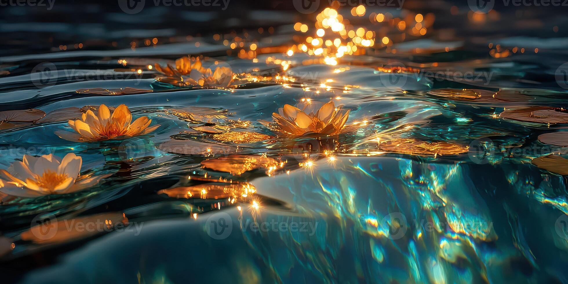 Beautiful water lilies floating on a serene lake during sunset reflecting golden light photo