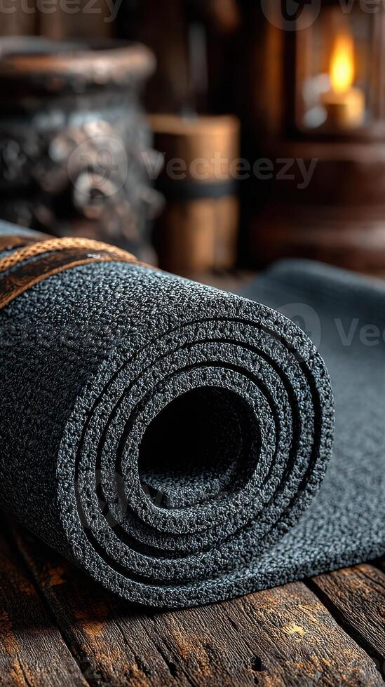 Rolled dark fabric mat on wooden surface with rustic decor and warm lighting in background photo