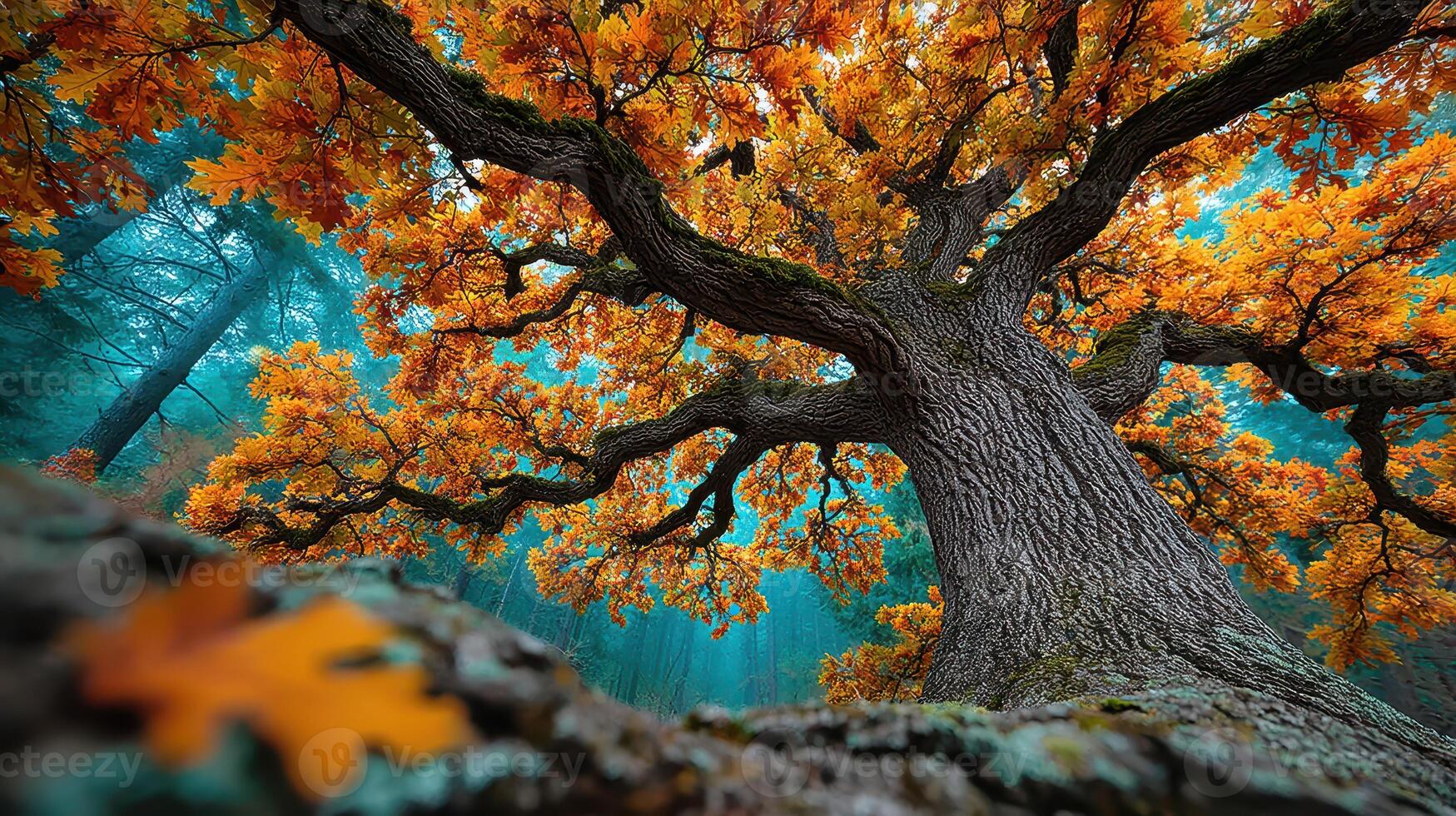 Majestic oak tree with vibrant orange leaves in foggy forest during autumn season photo