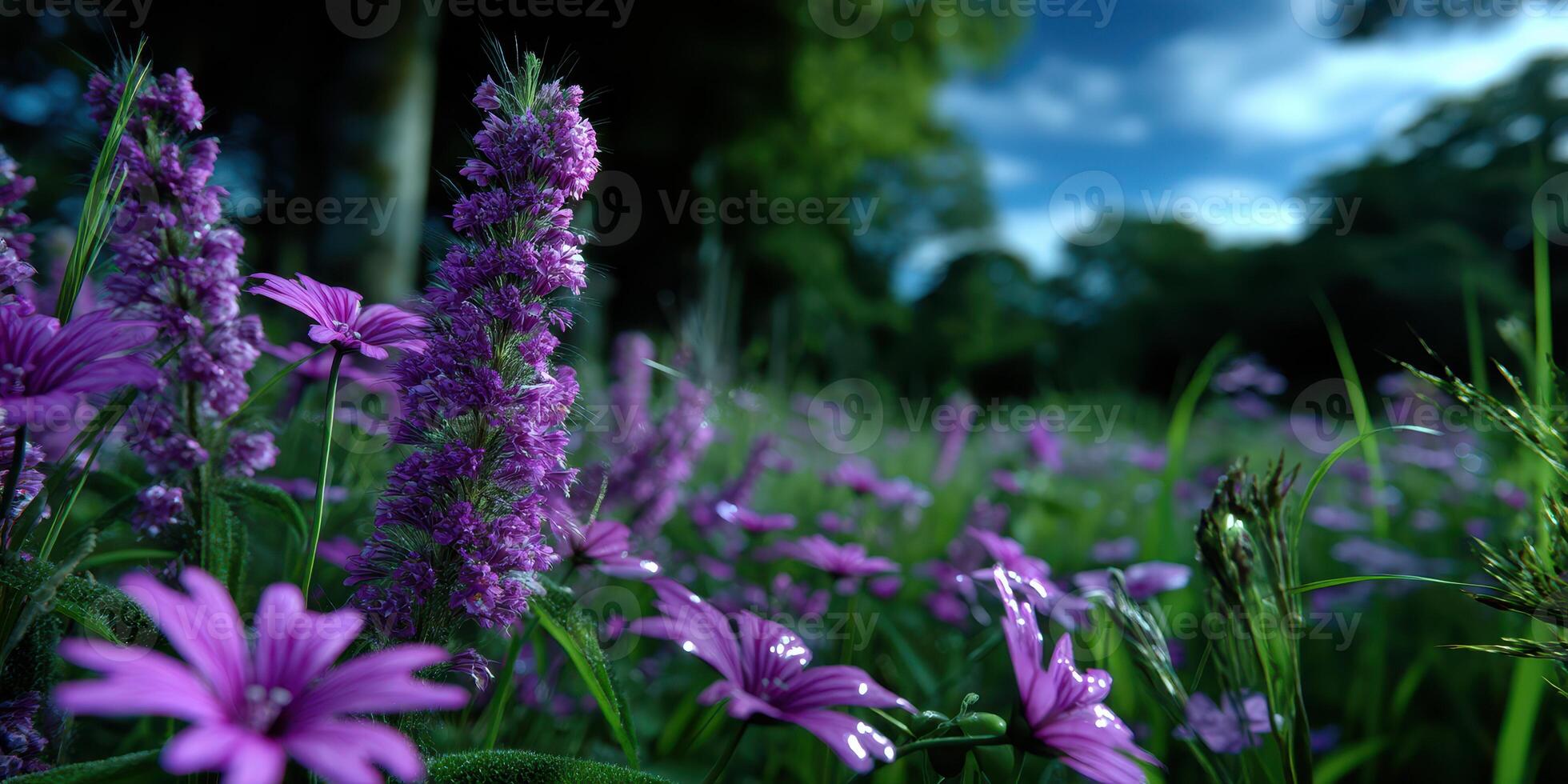 Purple wildflowers bloom under a vibrant sky in a lush meadow during late afternoon hours photo
