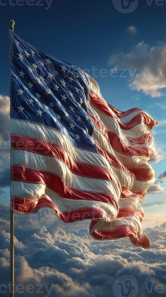 American flag waving majestically against a backdrop of vibrant clouds at sunset photo