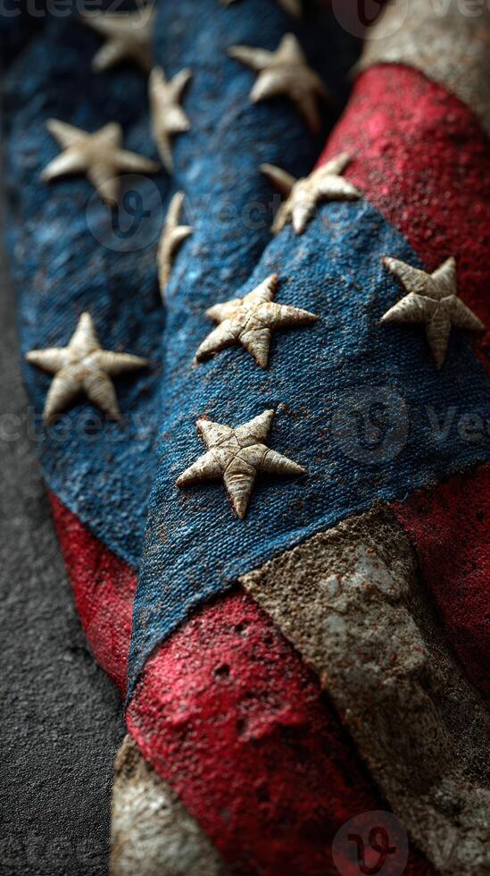 Vintage American flag detail showcasing weathered fabric and textured stars in close-up view photo