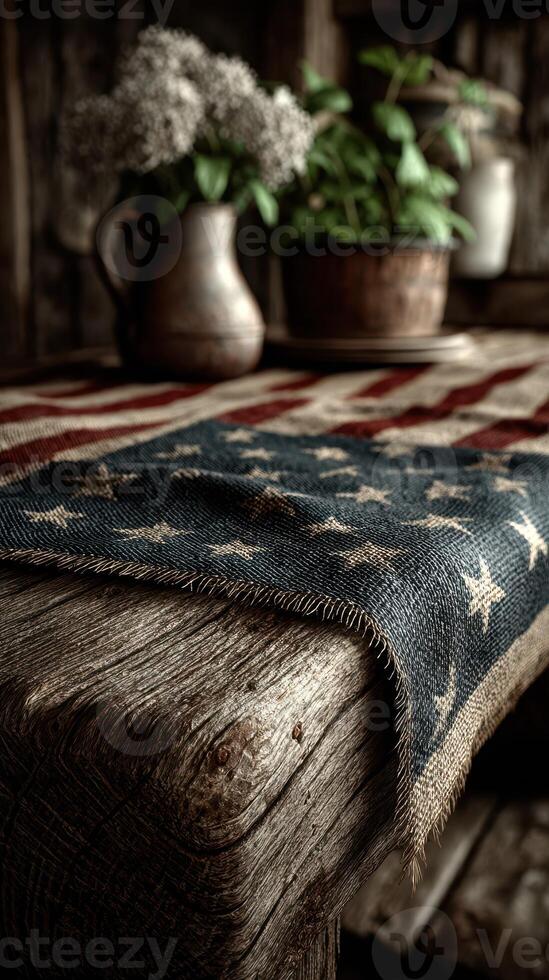 Rustic wooden table decor featuring an American flag fabric with unique textures and greenery in a cozy indoor setting photo