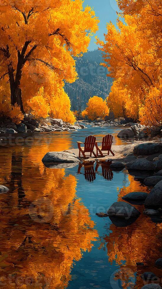 Two chairs by a tranquil river surrounded by vibrant autumn trees in a peaceful natural setting photo