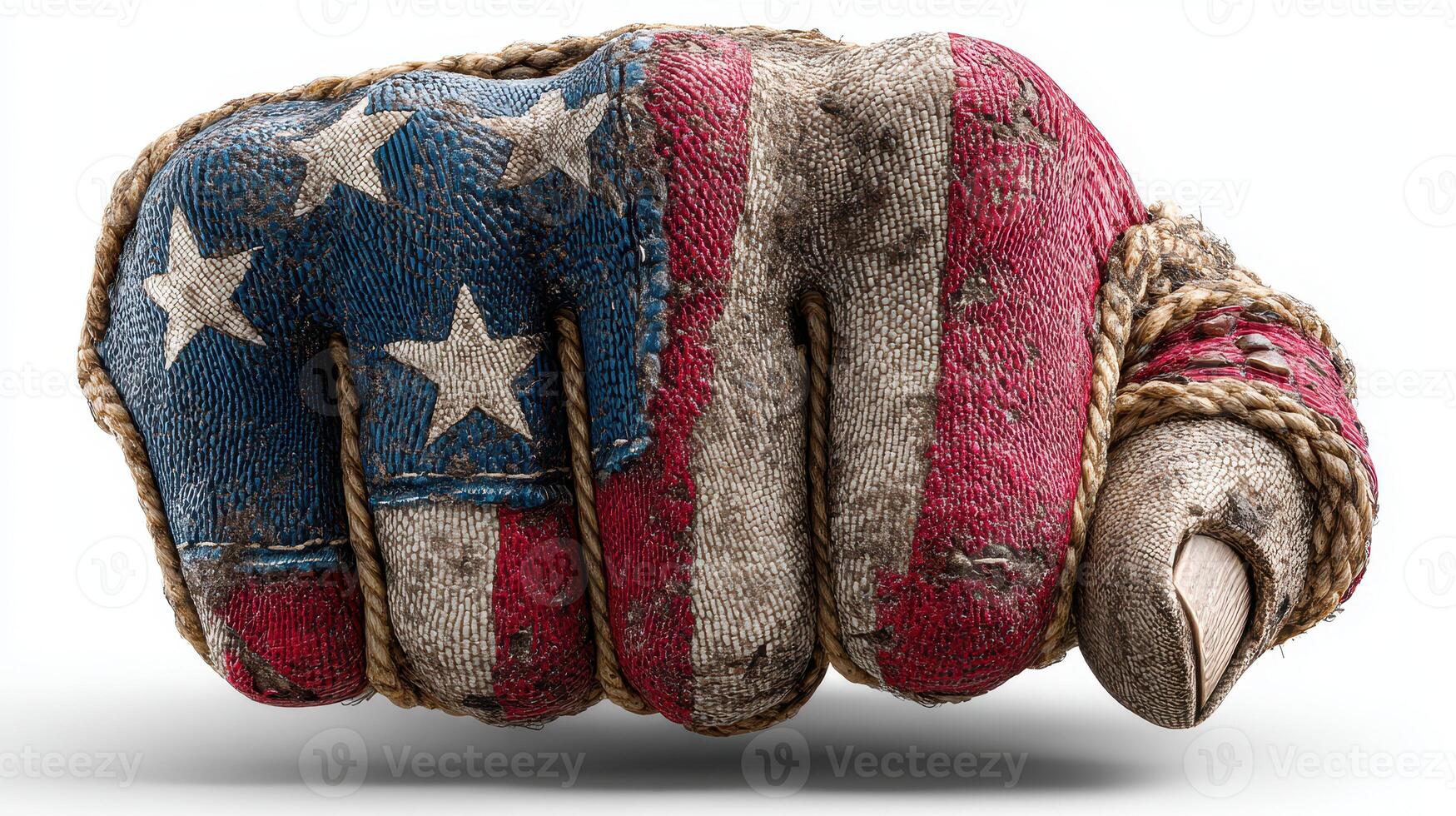Fist wrapped in ropes and painted with American flag colors symbolizing strength and unity in a bold artistic representation photo
