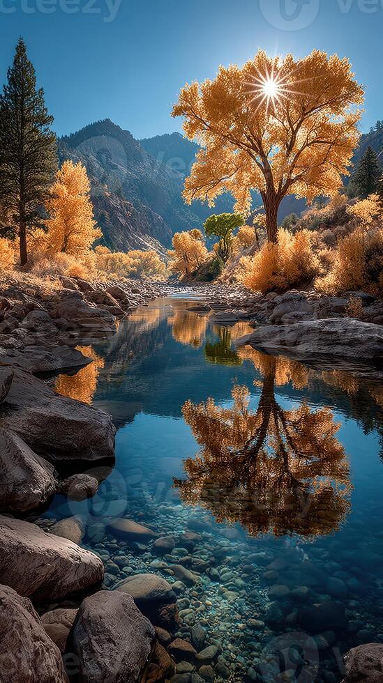 Majestic autumn scenery with river reflections and golden trees in a tranquil mountain setting photo
