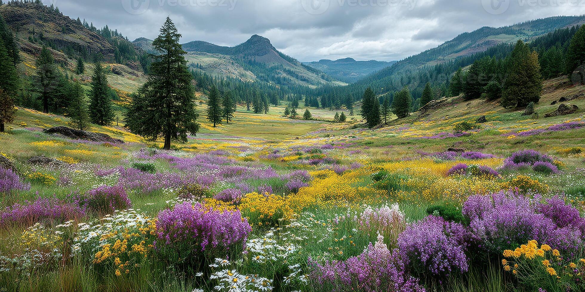 Vibrant wildflower meadow in a tranquil valley surrounded by mountains on a cloudy day photo