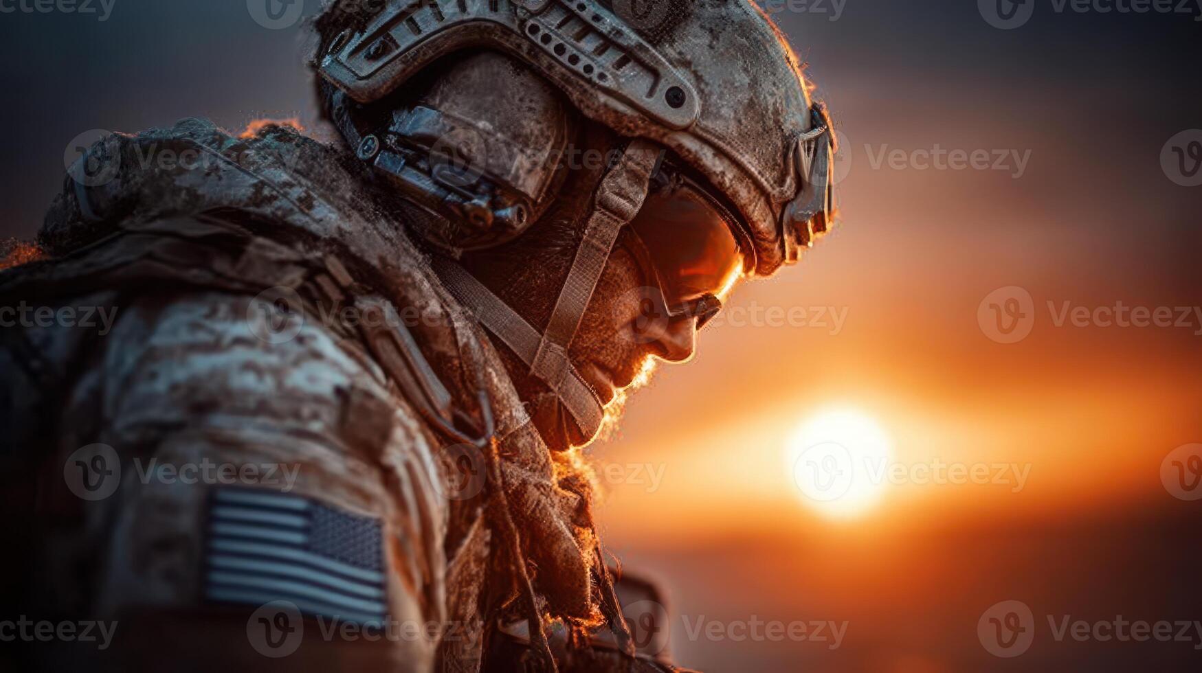 Soldier in silhouette watches sunset during military operation in desert environment photo