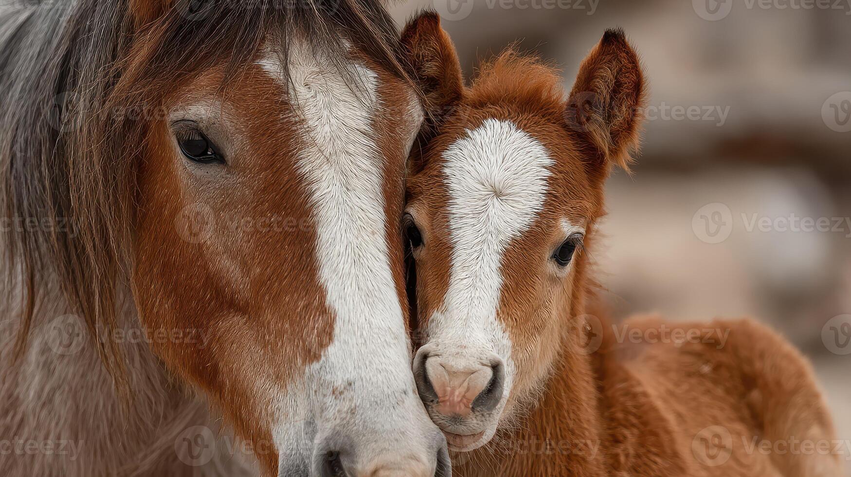 Mother horse and foal cuddle together in a serene natural setting during early morning light photo