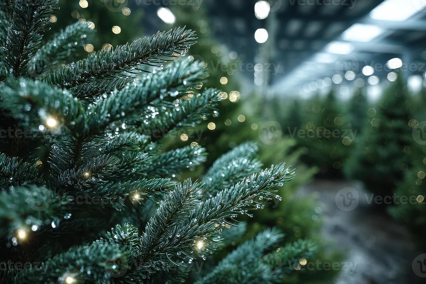 Christmas tree farm with vibrant greenery and soft lights creating a festive atmosphere in winter season photo