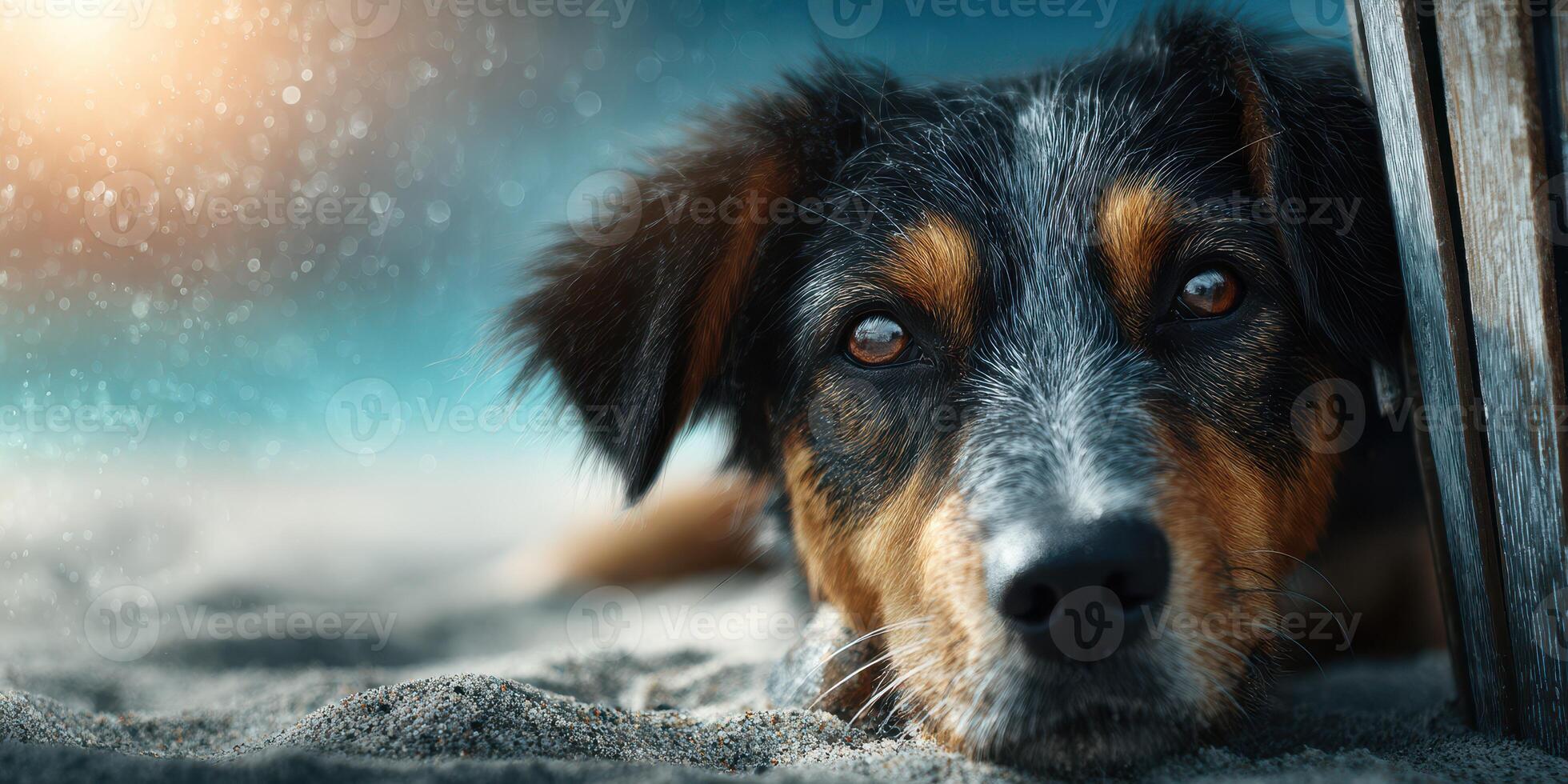 Dog resting peacefully on sandy beach at sunset, enjoying the serene seaside atmosphere photo