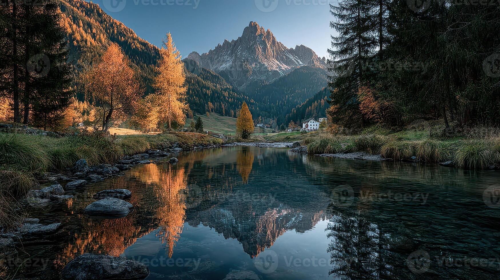 Beautiful autumn landscape with mountains and calm lake reflecting trees in the Dolomites, capturing nature's serene beauty in golden light photo