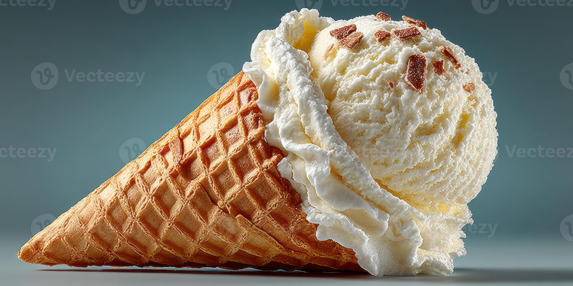 Delicious vanilla ice cream cone with whipped cream and chocolate sprinkles served on a clean background photo