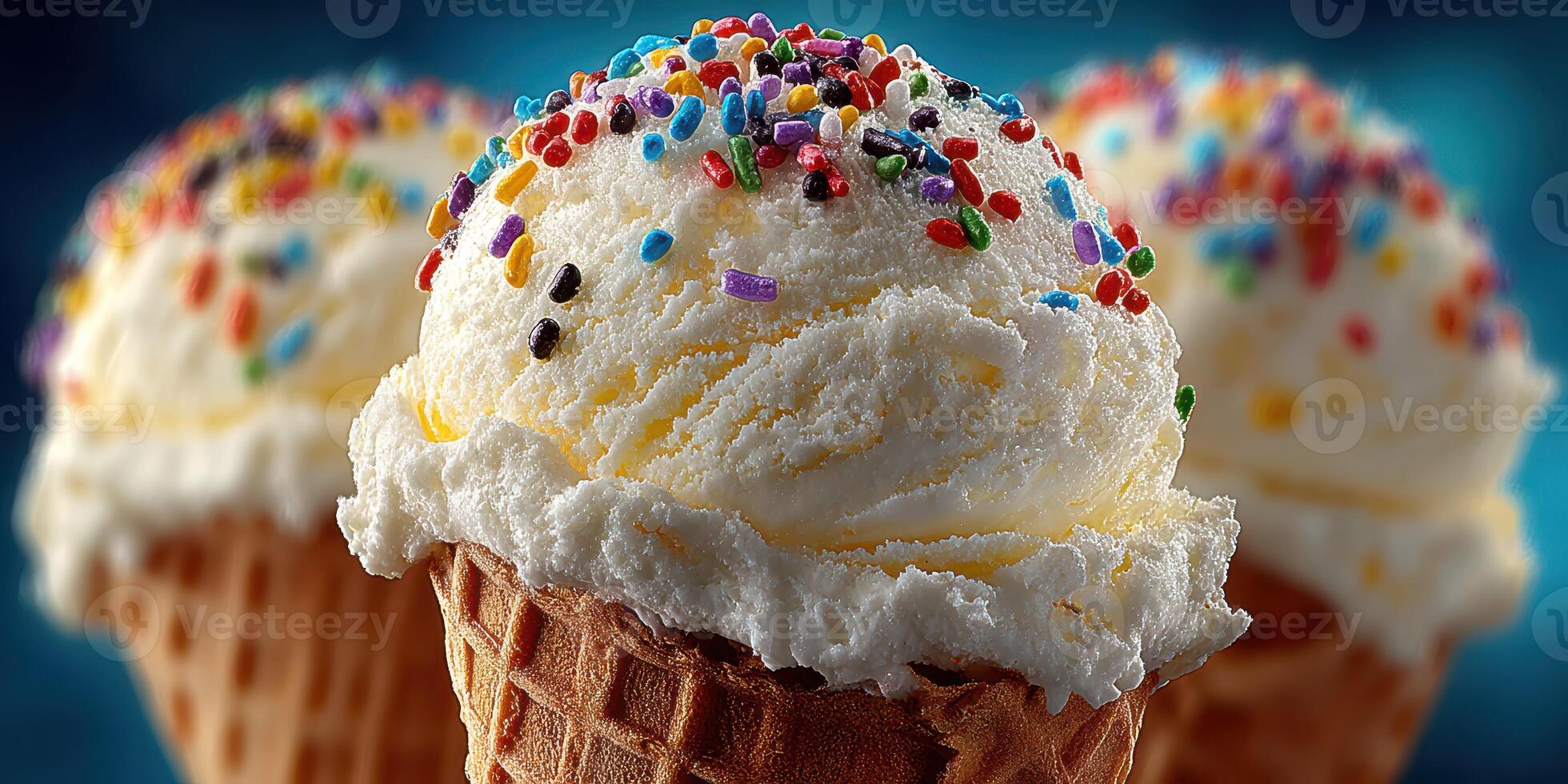 Delicious ice cream cones topped with colorful sprinkles on a summer day photo