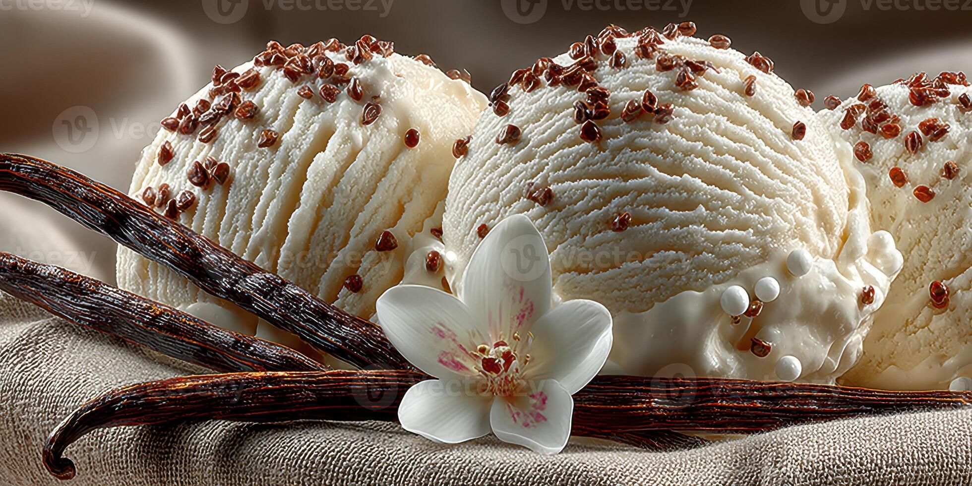 Indulgent vanilla ice cream scoops garnished with chocolate sprinkles and fresh vanilla pods on a textured cloth photo