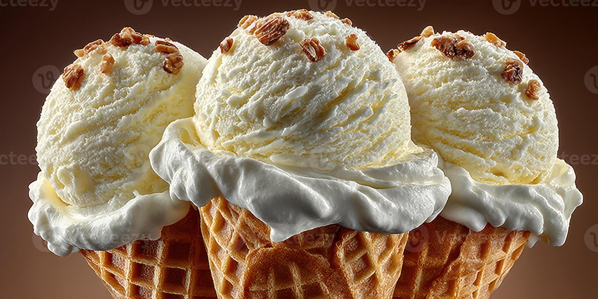 Three delicious ice cream cones topped with whipped cream and crunchy bits in a close-up view photo