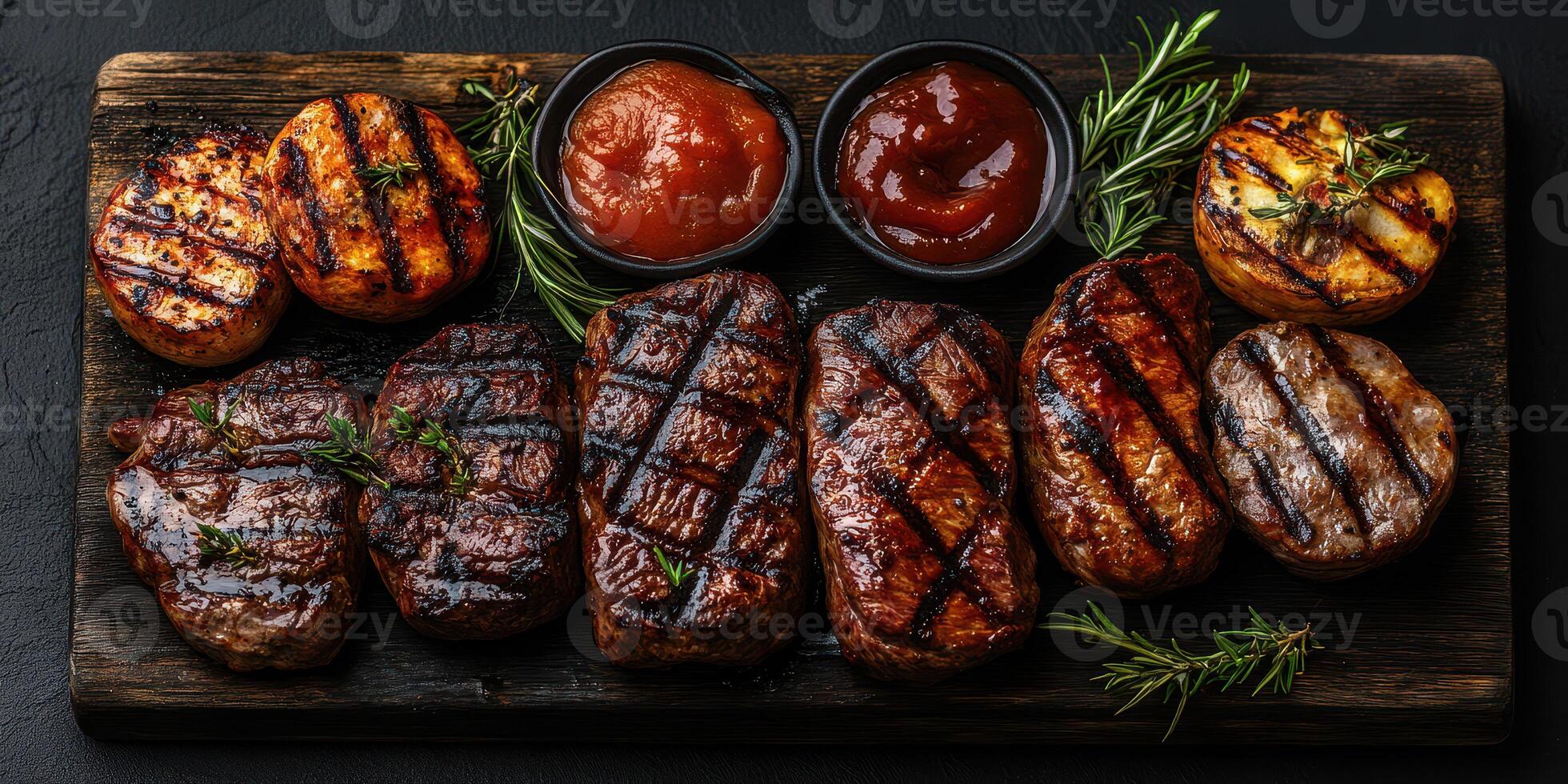 Grilled meat varieties presented on a wooden platter with sauces and fresh herbs in a rustic setting photo