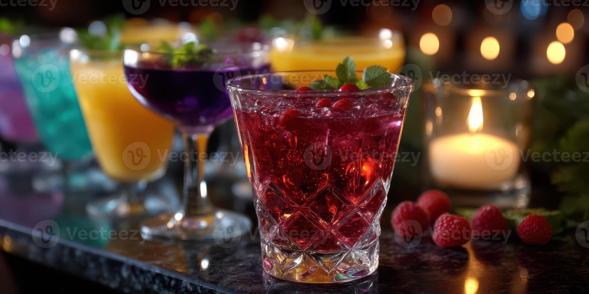 Colorful cocktails served on a bar counter during a lively evening gathering in a vibrant venue photo
