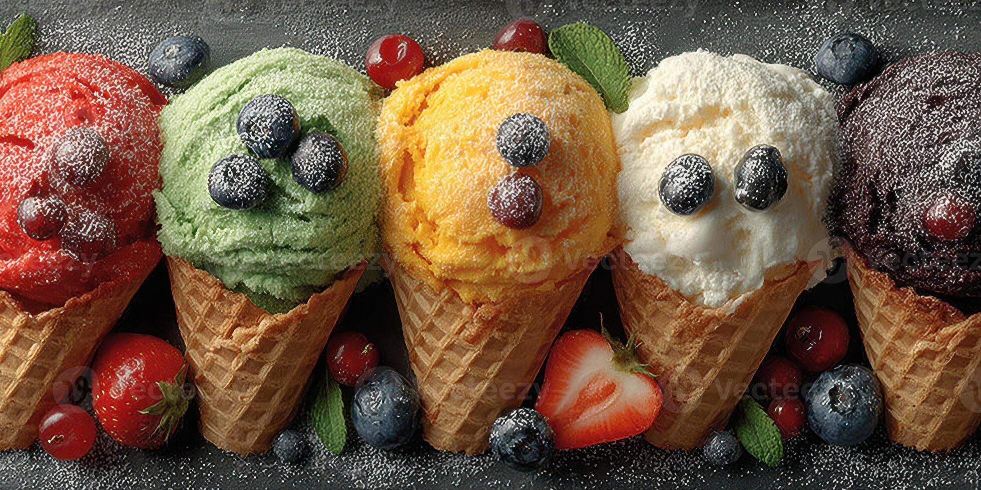 Colorful ice cream cones with fresh berries on a dark background in a dessert display photo
