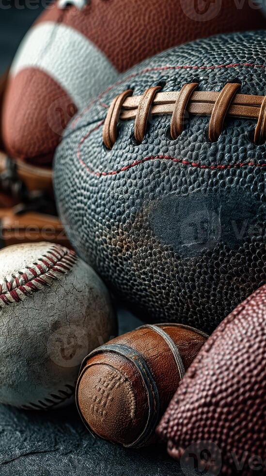 Sports equipment collection featuring various balls and gear arranged together on a textured surface in a dynamic display photo
