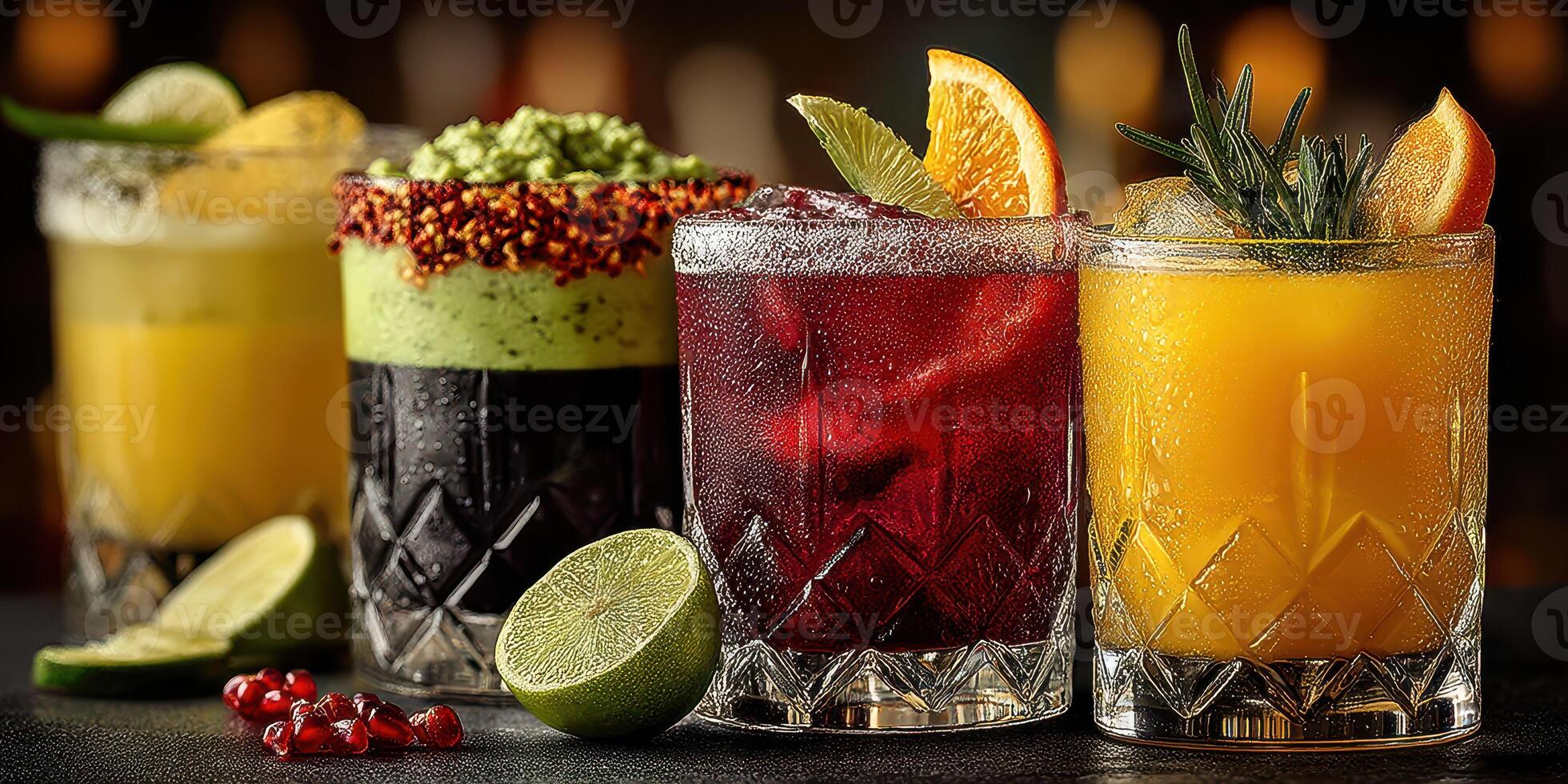 Colorful cocktails arranged elegantly on a dark bar counter showcasing various flavors and garnishes during a lively evening photo