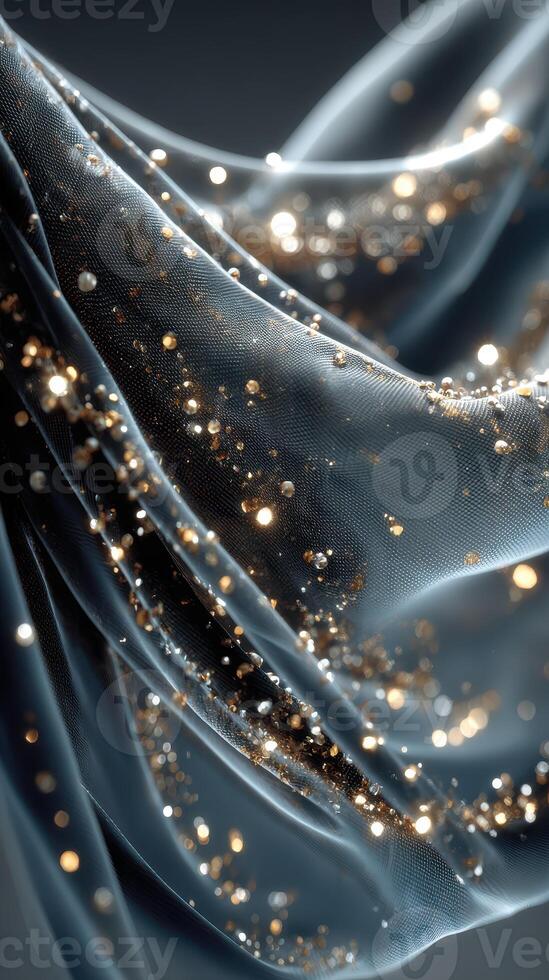 Textile with shimmering sparkles captured in close-up, showcasing elegance and texture under soft lighting photo