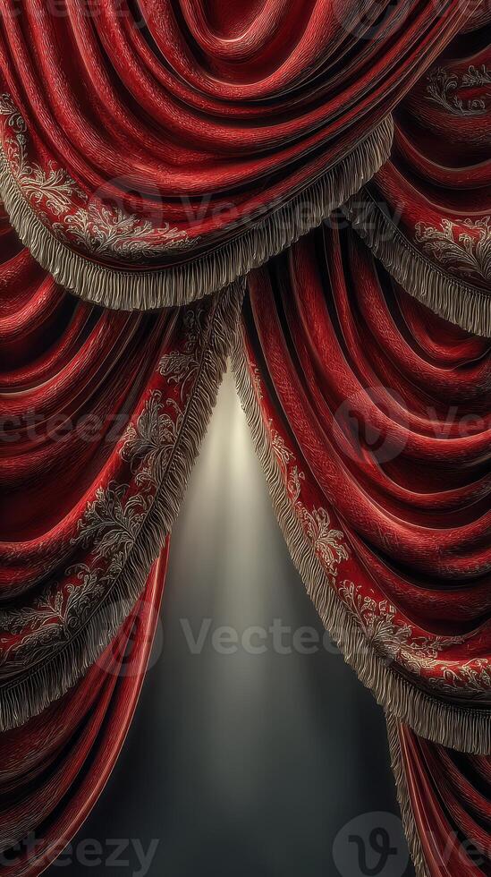 Luxurious red curtains parting to reveal a spotlighted stage setting in an elegant theater interior photo