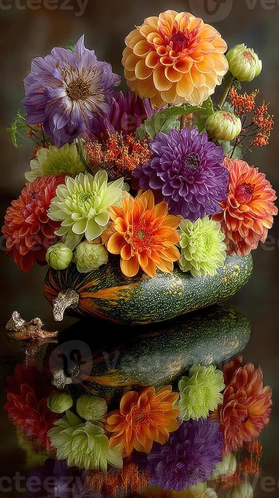 Bright flower arrangement in a decorative gourd reflecting beautifully on a surface during autumn photo