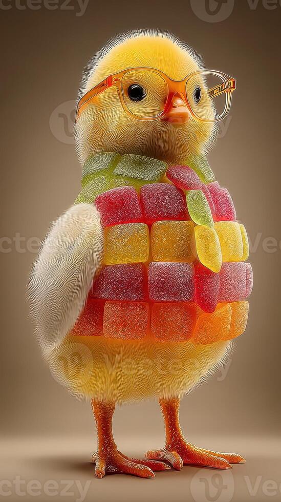 Cute chick wearing glasses and candy costume in a playful and colorful setting photo
