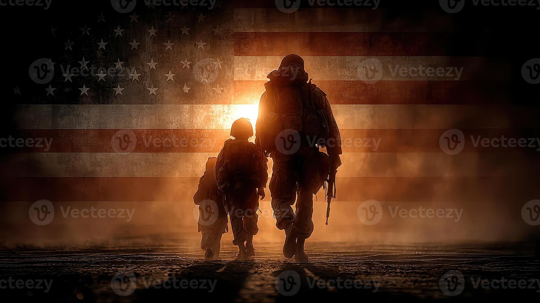 Soldiers walk towards a sunset with an American flag backdrop, symbolizing courage and sacrifice photo
