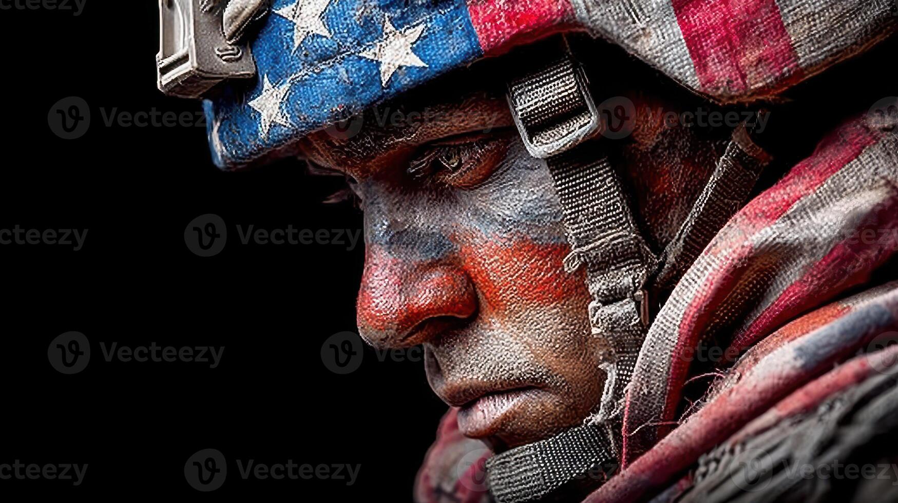 Soldier with American flag face paint prepares for action in a military environment at dusk photo