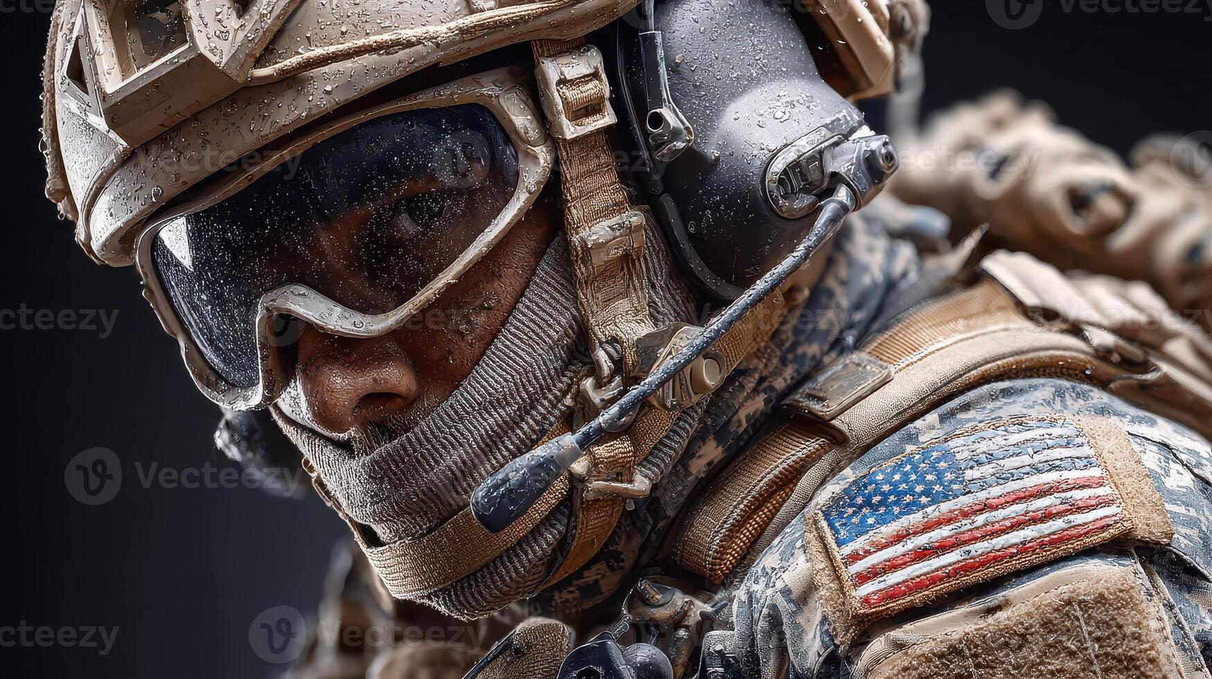 Soldier in tactical gear covered in dirt in a combat environment during an intense military operation photo