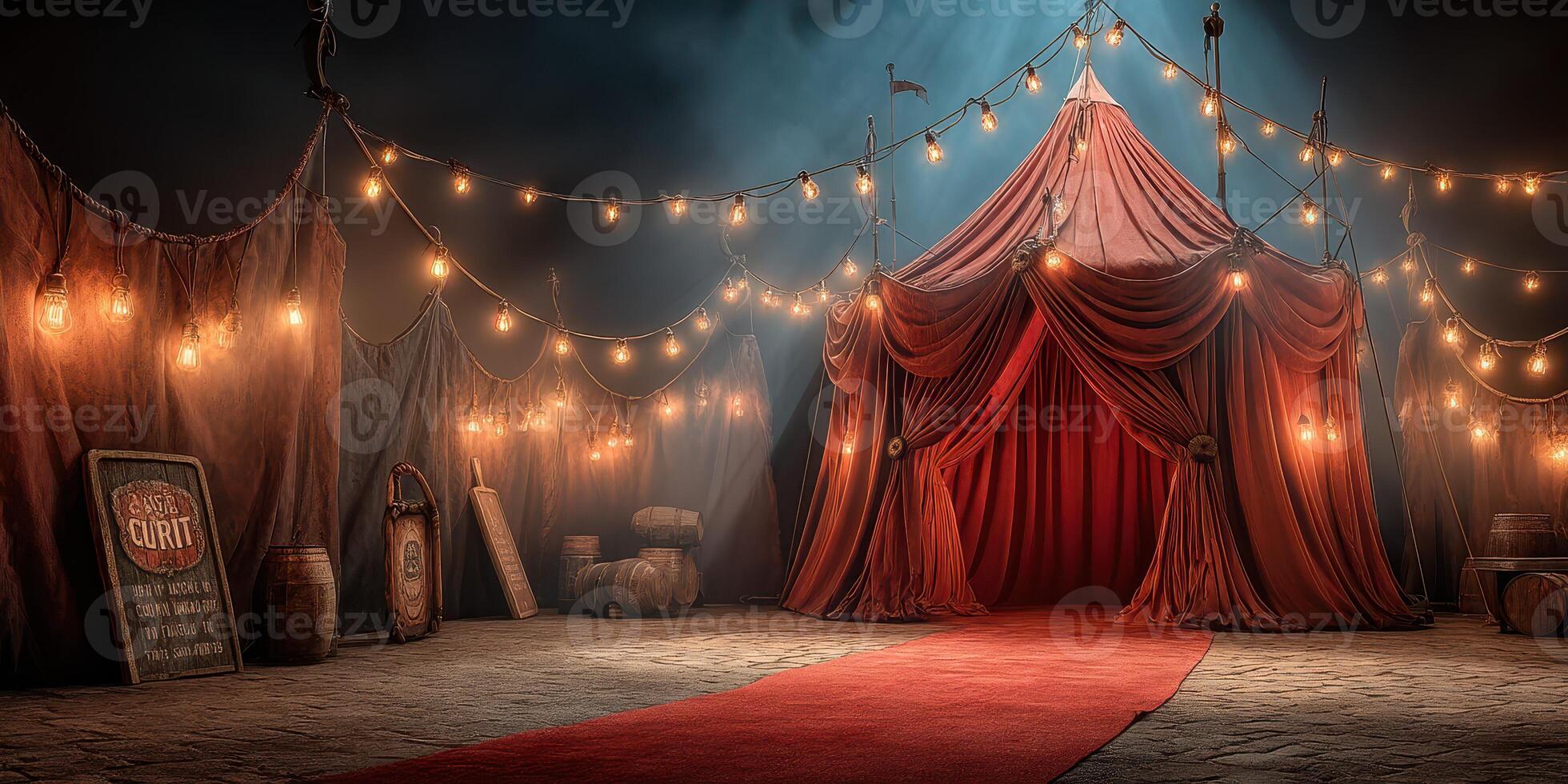 Colorful circus tent with illuminated lights and red carpet during evening festivities photo
