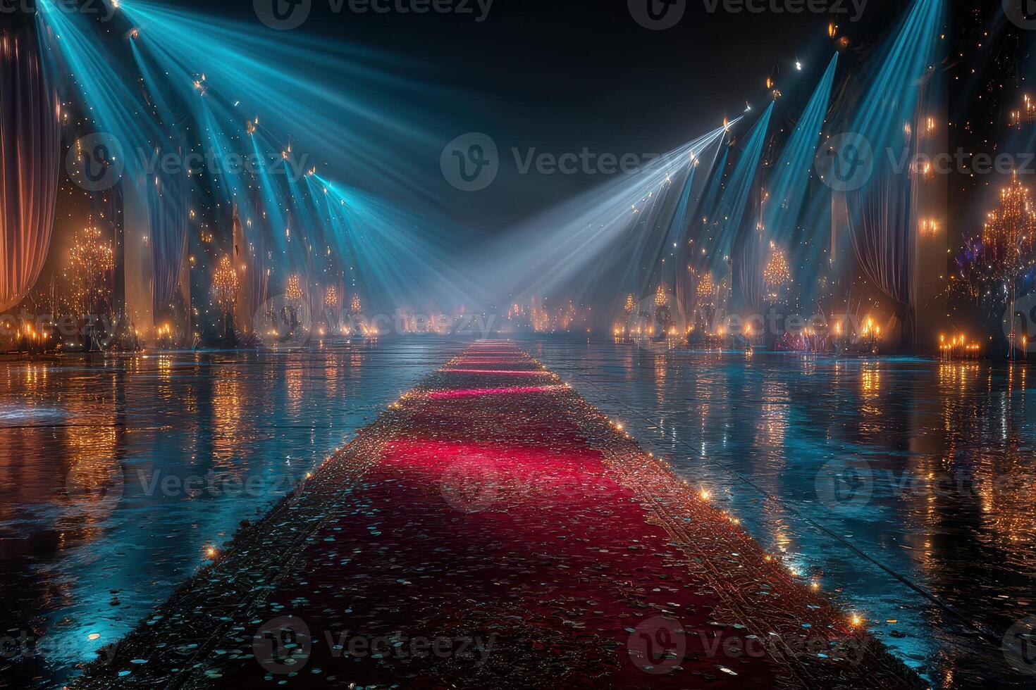 Exclusive event space illuminated by blue and warm lights with a glamorous red carpet at night photo
