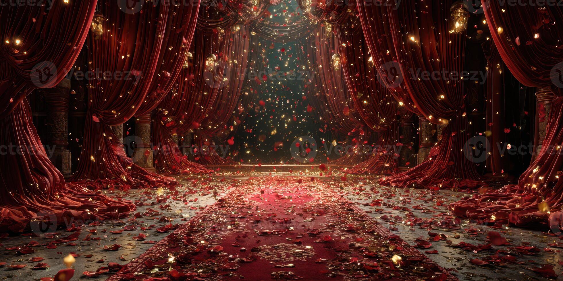 Elegant red rose petal decoration in a grand indoor venue for a romantic event at twilight photo